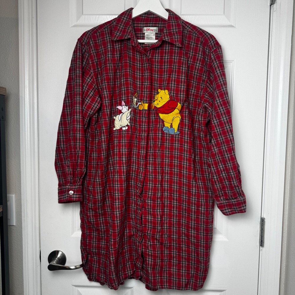 Disney Store Vintage 90's Winnie the Pooh Flannel Nightshirt S/M Red Plaid